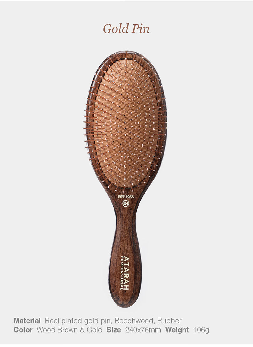 ATARAH Cooling Massage Gold Pin Hair Brush (Wooden Round)